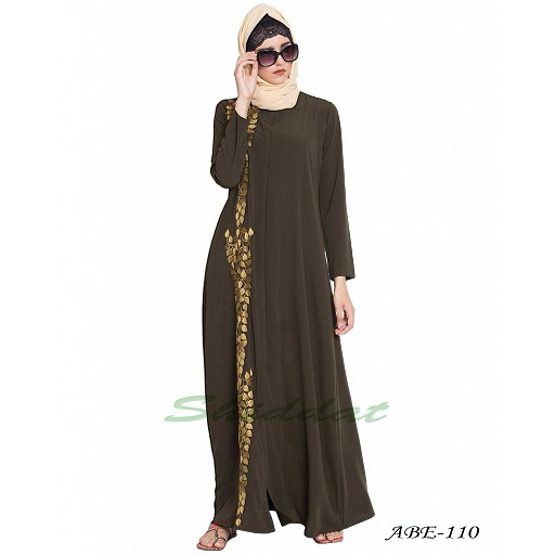 Front open embroidered abaya- Olive Green